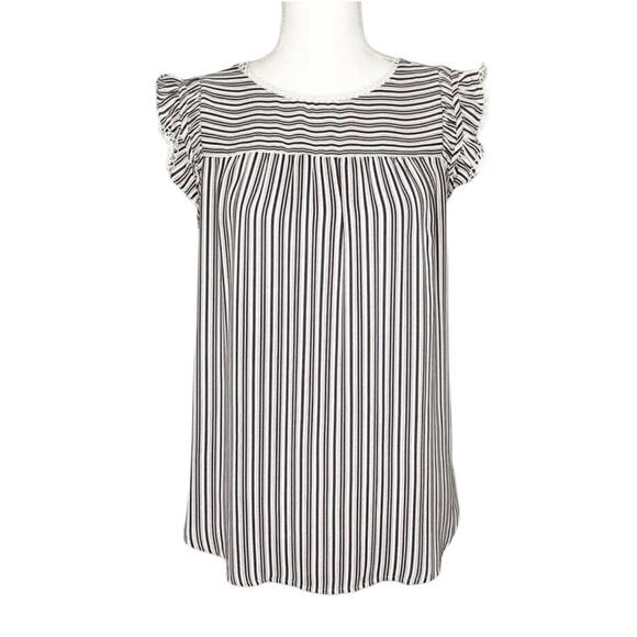 LOFT Gray And White Striped Crochet Detail Flutter Sleeve Top XS - Picture 1 of 6